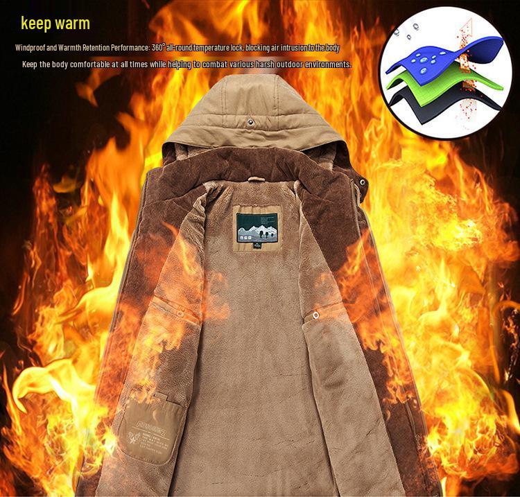 Winter 13029 Men's Mid-Length Fleece-Lined Cotton Coat, Plus Size, Multi-Pocket, for Middle-Aged & Elderly