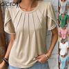 Women's Fashion Casual Solid Color Print Short Sleeve O Neck Blouses & Shirts