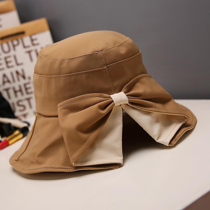 Summer Bow Women Bucket Hat Sweet Cotton Flat Top Large Brim Fishermen Caps Girls Outdoor Beach Travel Fordable Ponytail Sun Hat
