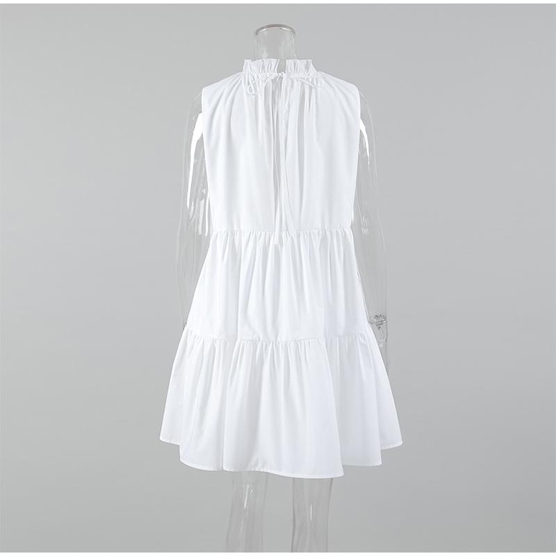 Elegant Ruffles Short A-line Dress Women Lace Up O-neck Sleeveless Vacation Dresses  Lady White Party Dress