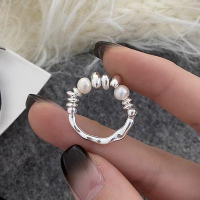 Neuer einfacher echter 925er Silber Süßwasserperlen Runde Ringe für Damen Trendiger Verstellbarer Feinschmuck Minimalistisches Accessoire