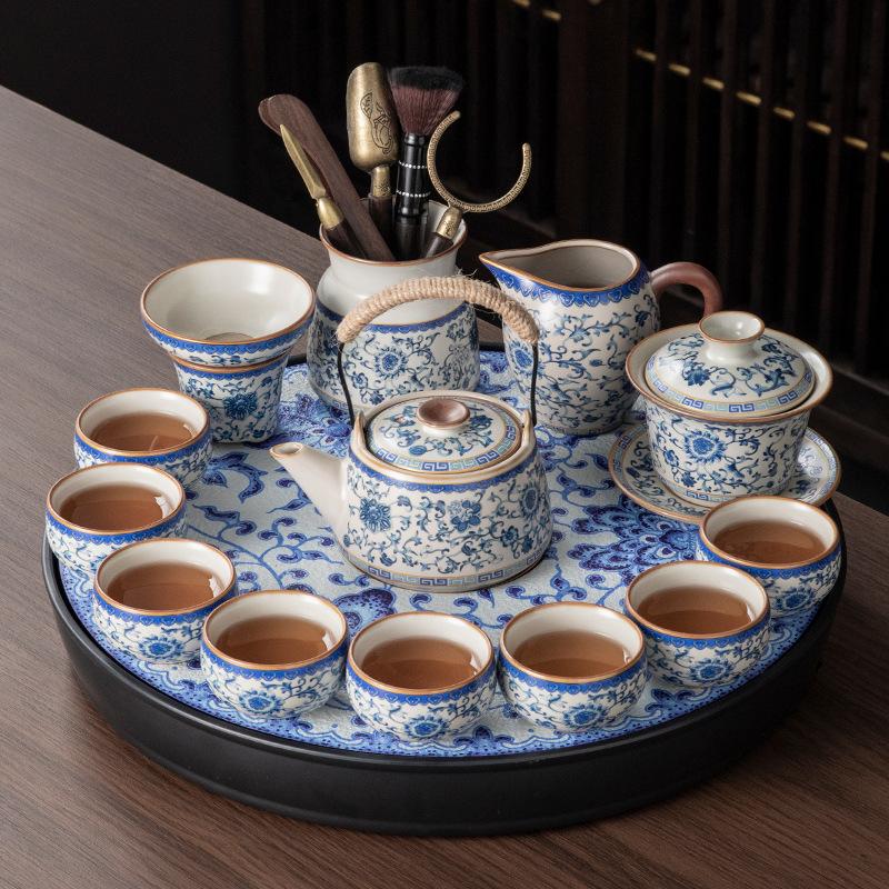 

New Ru kiln ceramic kung fu tea set, a complete set of tea table, home living room office teapot, tea cup drinking set
