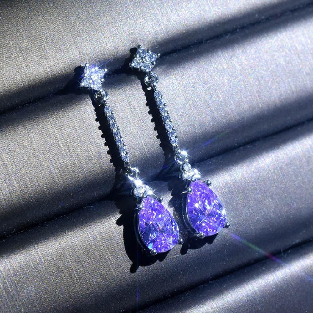 Sparkling Zircon Drop Earrings with Amethyst Look Pear Shape Dangle Earrings for Women Fashion Jewelry