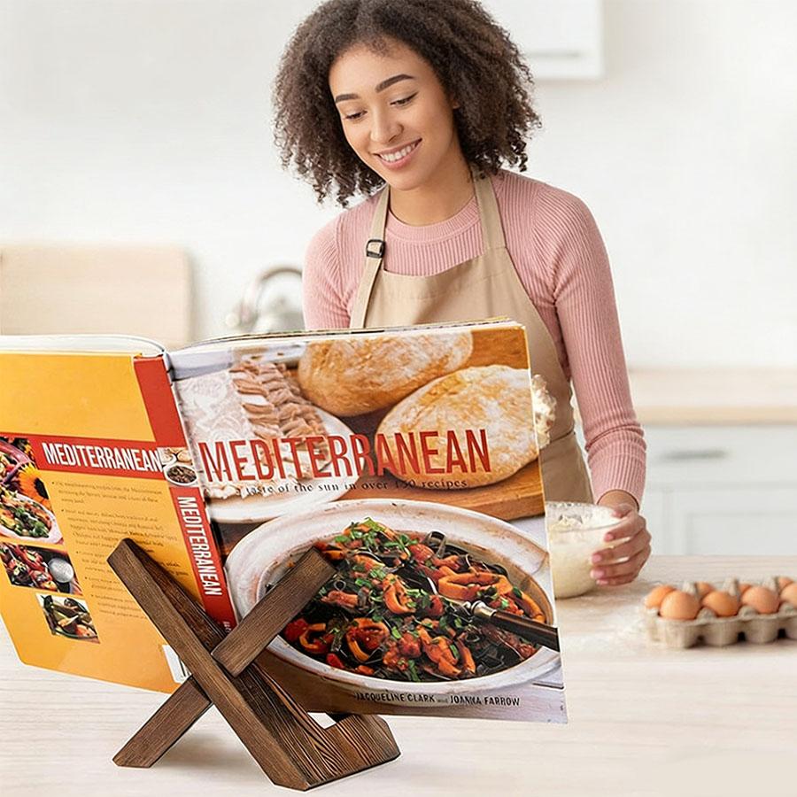 Wooden Kitchen Recipe Display Stand Dining Menu Holder Desktop Reading Bookend Study Book Rack