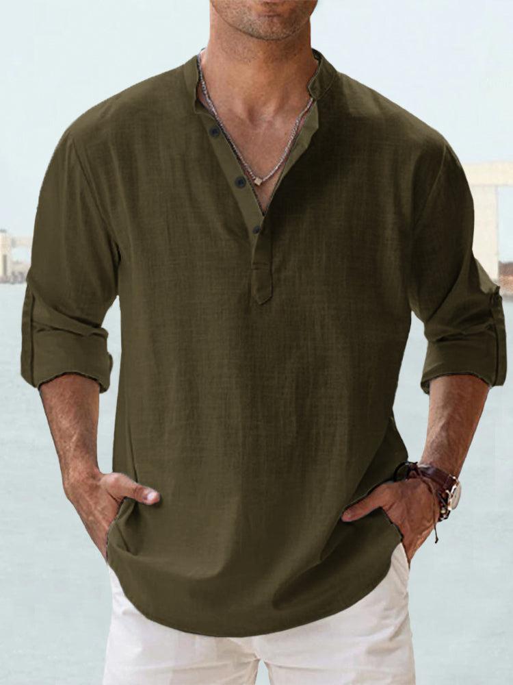 New Cotton Hemp Shirt Loose Men's Casual Shirt Lightweight Long Sleeve Henry Beach Shirt Hawaii T-shirt Large Men's Street Wear