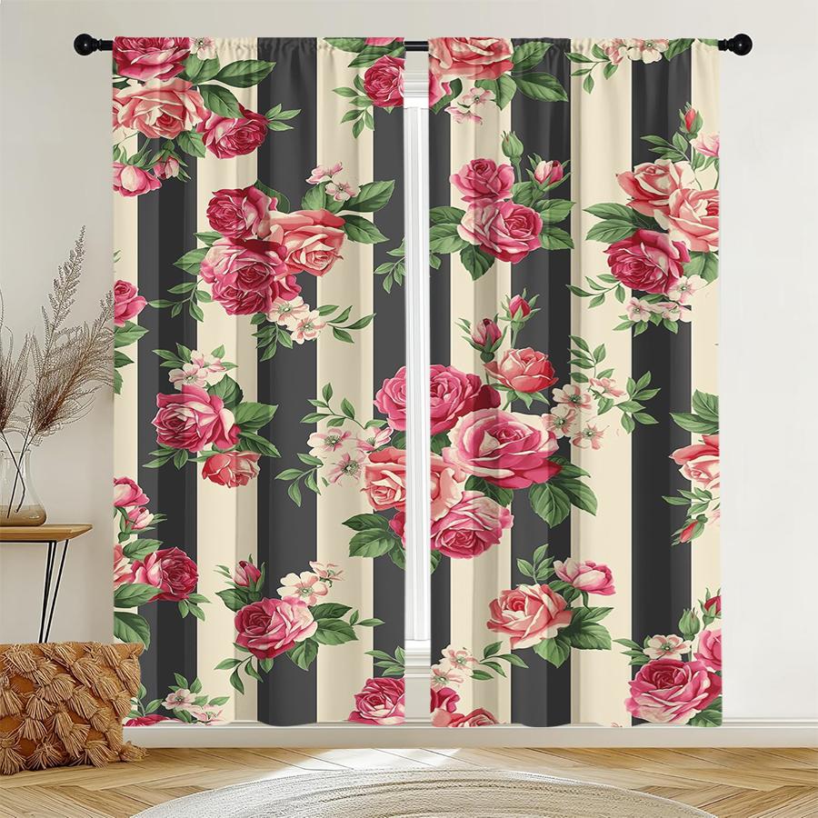 

Elegant Floral Rose Striped Curtains Perfect Spring Home Living Room Bedroom Decor Set Of 2 Made Polyester With Rod Pocket Great W100*H70(CM)-Rod Pocket&1PCS