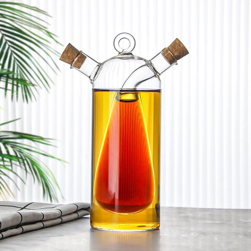 Double-layer Glass Oil Jug 2-in-1 Oil Vinegar Bottle Home Creative Double-mouth Cork Shaped Glass Oil Jug Kitchen Seasoning Tool