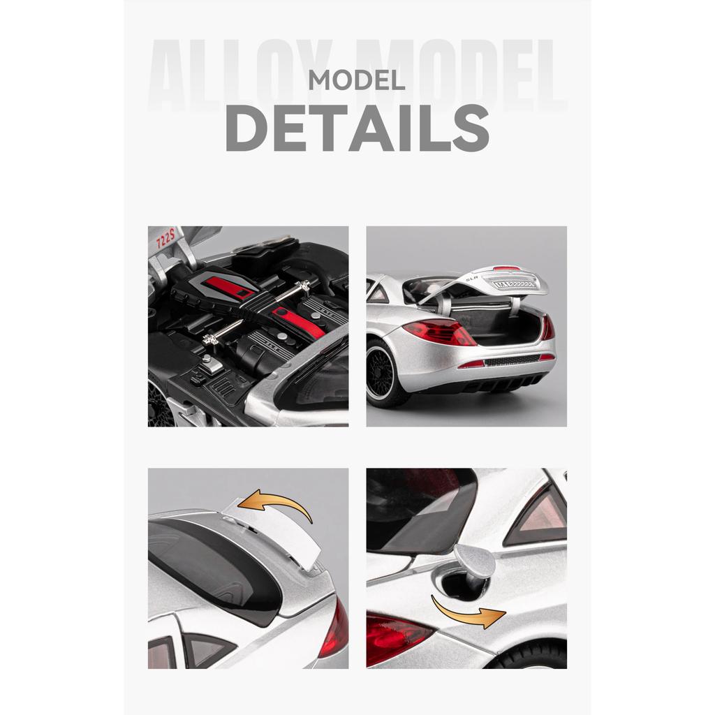 Modellino Auto Giocattolo in Lega 1/24 Mercedes-Benz SLR Supercar Diecasts Colata in Metallo Giocattoli Auto con Suono e Luce per Bambini Veicolo