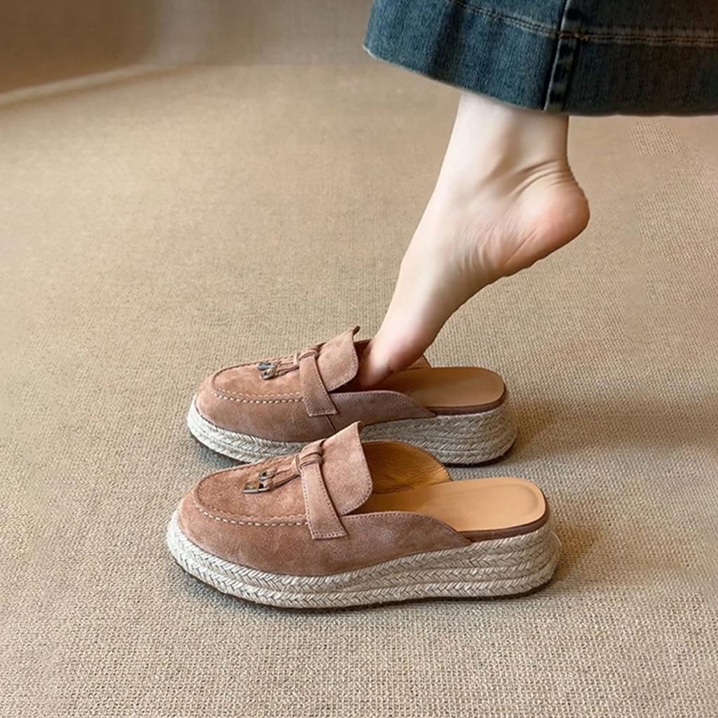 Sheepskin version~ retro thick-soled straw woven one-pedal convenient bag head shoes women's metal lock round head suede half slippers