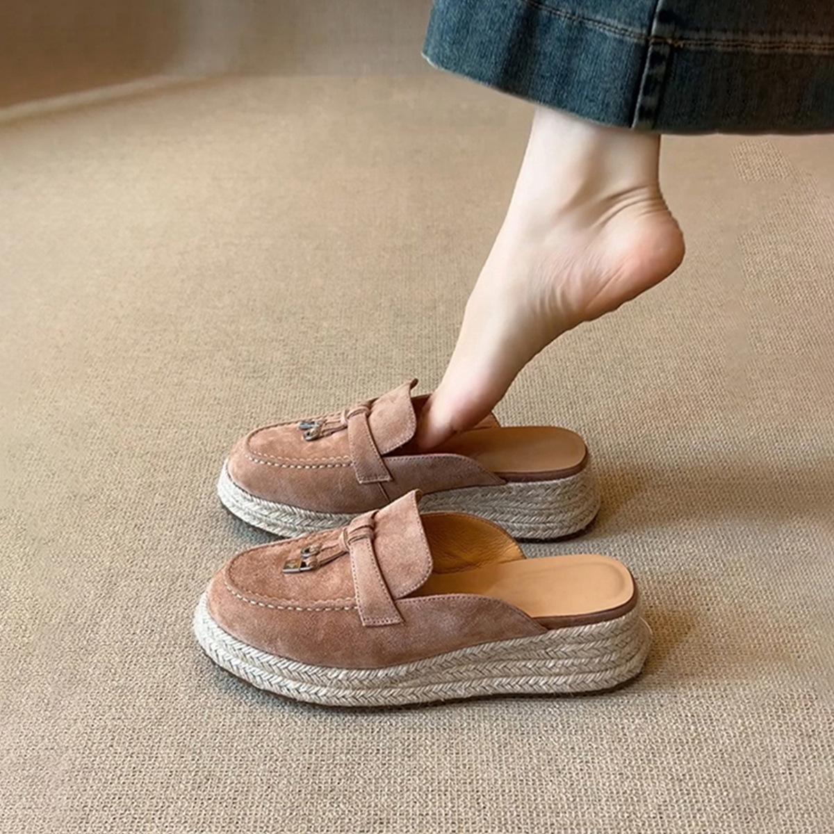 

Sheepskin version~ retro thick-soled straw woven one-pedal convenient bag head shoes women s metal lock round head suede half slippers 35