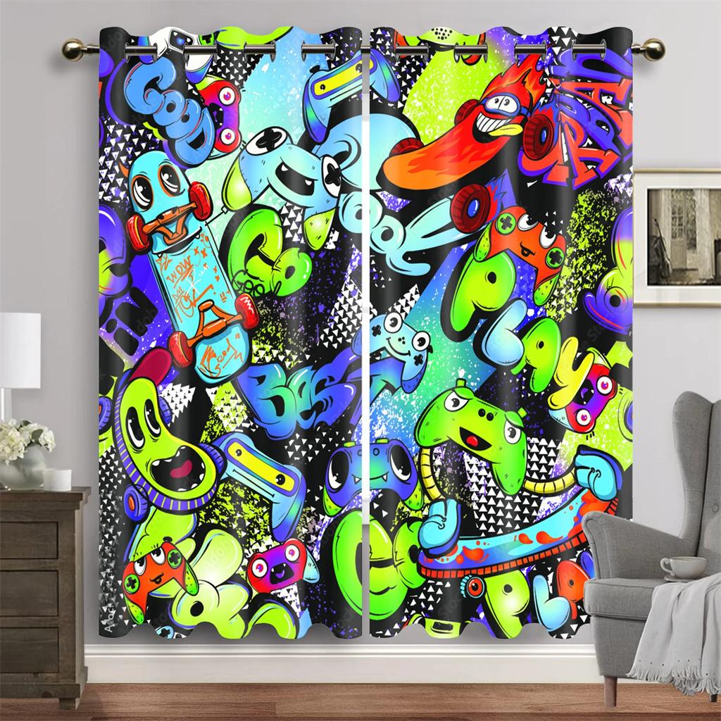 Animated Gamepad Switch Drapes designed for Boys Bedroom Space Graffiti Words Video Games Window Drapes Game Players Living Room Decoration