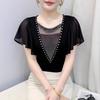 Summer Women's Sexy V-Neck Short Sleeve T-Shirts Elegant Luxury Hollowed-Out Hot Diamonds Casual Tops Brand Female Slim Tees Blouse