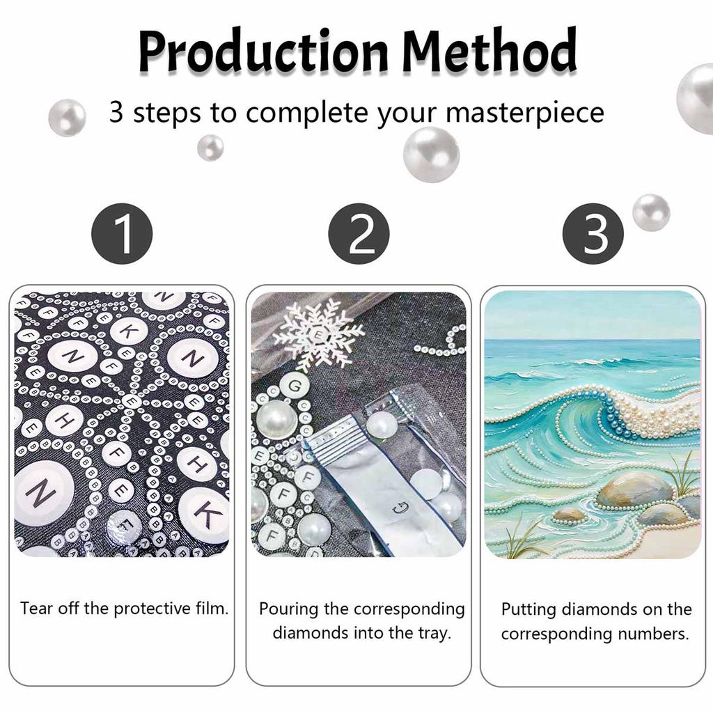Frameless Pearl Painting DIY Kit Ocean Wave and Sea Stones 3D Sparkling Bead Canvas Relaxing Creative Craft for Art Lovers