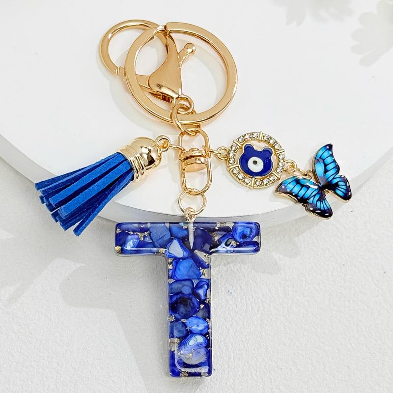 Fashion Blue Glazed Stone A To Z Letter Keychain 26 Initials Alphabet Butterfly Tassel Pendant Car Keyring Women Jewelry Gifts