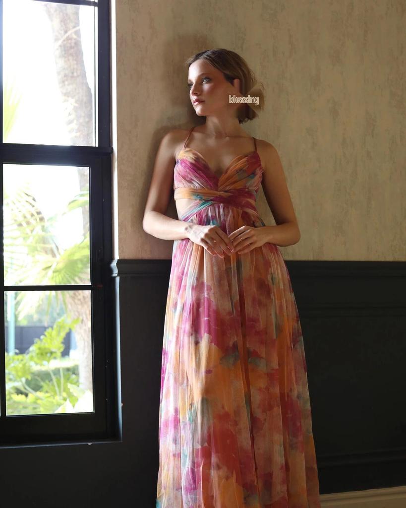 Cross2026 Europe Spring/Summer Mesh Print Spaghetti Strap Dress - INS Vacation Casual Party Style