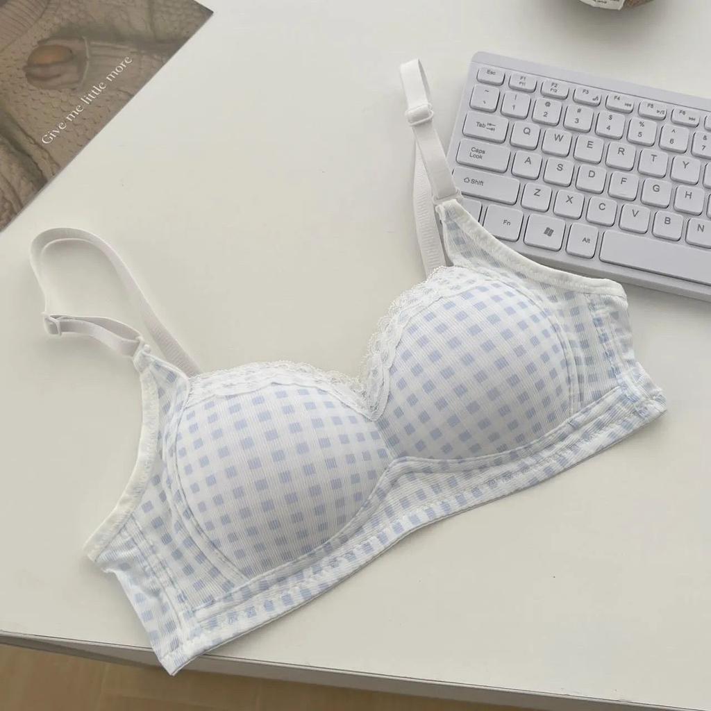 Sweet Underwear Women's Lace Edge Plaid Small Breasts Gathered Without Steel Rim Student Thin Breathable Anti-sagging Girl Bra