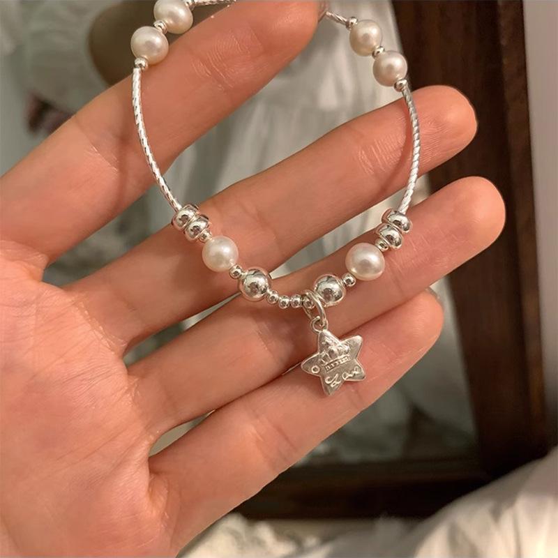 Korean Style S925 Sterling Silver Pearl Star Bracelet - Women's Fashion, Light Luxury Beaded Gift for Best Friend