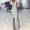 A-Linie Silhouette Cocktailkleid Damen Abend Deep V-Ausschnitt Pailletten-Dekor Lange Ärmel Elastische Taille Plissiert Hohe Absätze Kombinieren Geschlitzter Saum Uni