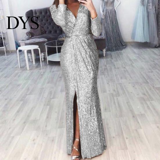 A-Linie Silhouette Cocktailkleid Damen Abend Deep V-Ausschnitt Pailletten-Dekor Lange Ärmel Elastische Taille Plissiert Hohe Absätze Kombinieren Geschlitzter Saum Uni