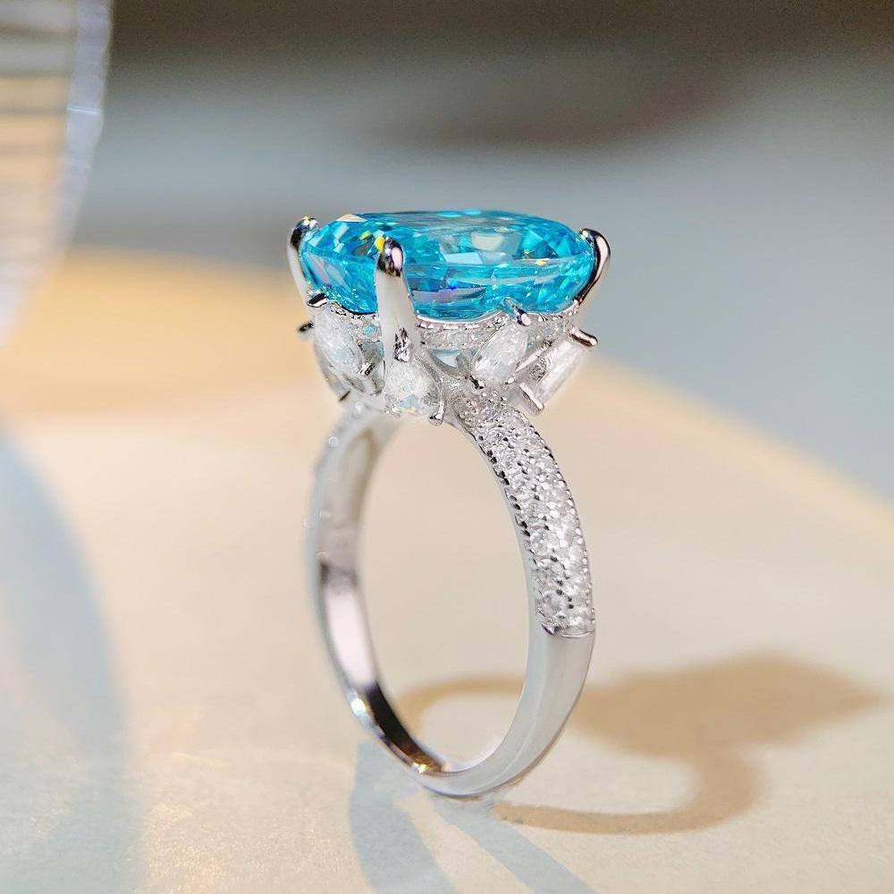 Jiu Mei S925 Sterling Silver Aquamarine Ring with 10 Carat High Carbon Diamond Zircon for Women.