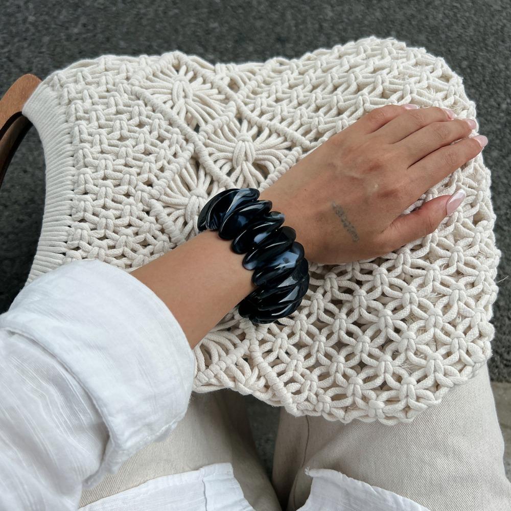 Bohemian Acrylic Bangle Wide Rectangle Elastic Rope Bracelet Retro Hand Ring  Lady Girls