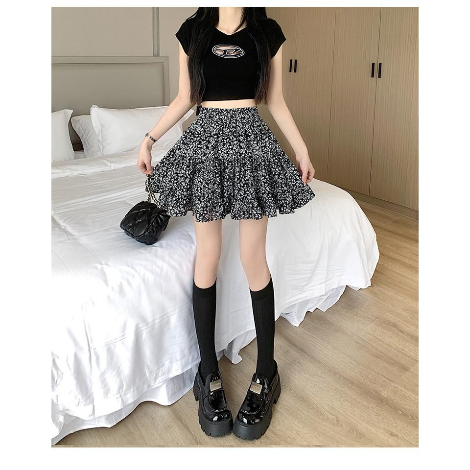Qooth Summer Floral Pleated A Line Sweet Mini Ruffle Skirt Tiered Elastic Waist Bud Skirt QT2627