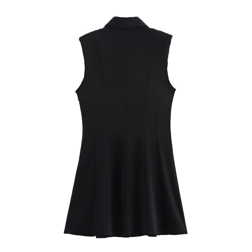 Women's Lapel Collar Sleeveless Slim Fit Mini Dress with Shoulder Pad Casual Work Dress