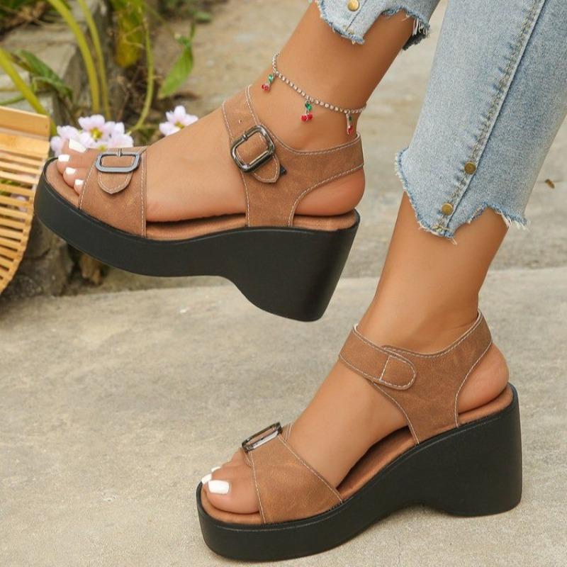 Casual Versatile Roman Sandals Women's Summer Square Toe Open Toe Platform Platform Slip Strap Landslide Heel Shoes