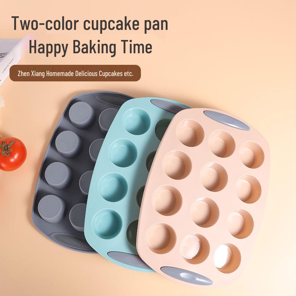 Two-Color Silicone Cupcake Pan - 12 Cups, Easy Release, High Temperature Resistant Muffin Mold