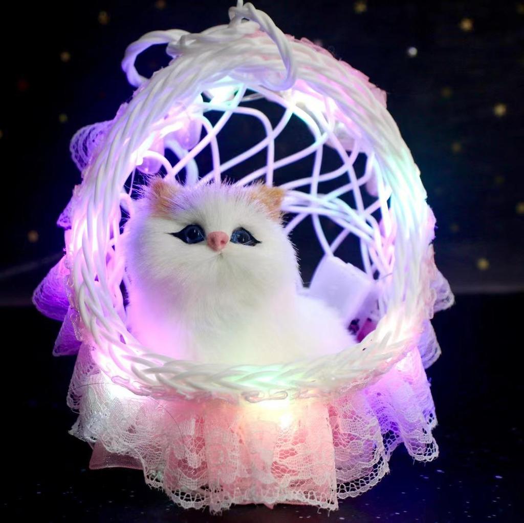 Lace Hanging Basket with Light-Up Plush Cat - Perfect Gift for Girlfriend or Doll Lovers