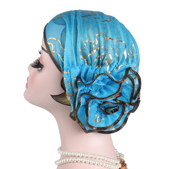 Модная большая цветочная мусульманская женская тюрбанная шапка, эластичная химиотерапевтическая шапочка, бандана, головной платок светло-синий