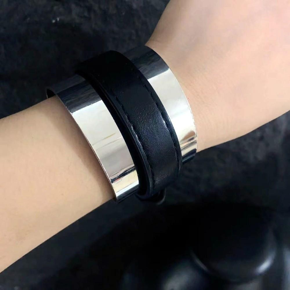 Silver Exaggerated Metal Bangle Armlet Women Open Bangle Belt Buckle Leather Bracelet  Daily
