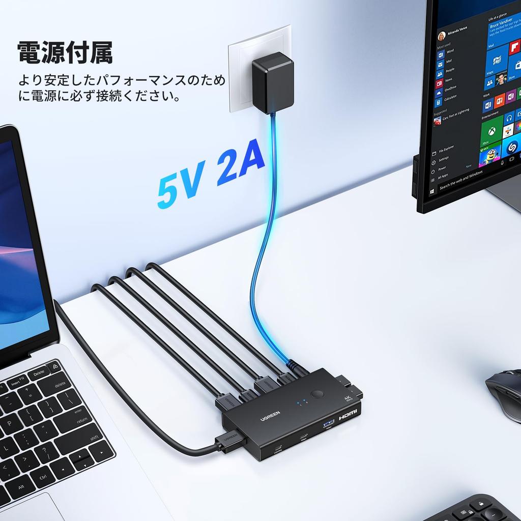 UGREEN HDMI KVM Switch, 2 Inputs/1 Output, 4K@60Hz, 1 Monitor & 2 PCs, 4*USB3.0 Ports, Share Keyboard, Mouse, Printer, and Monitor Between Two PCs, In