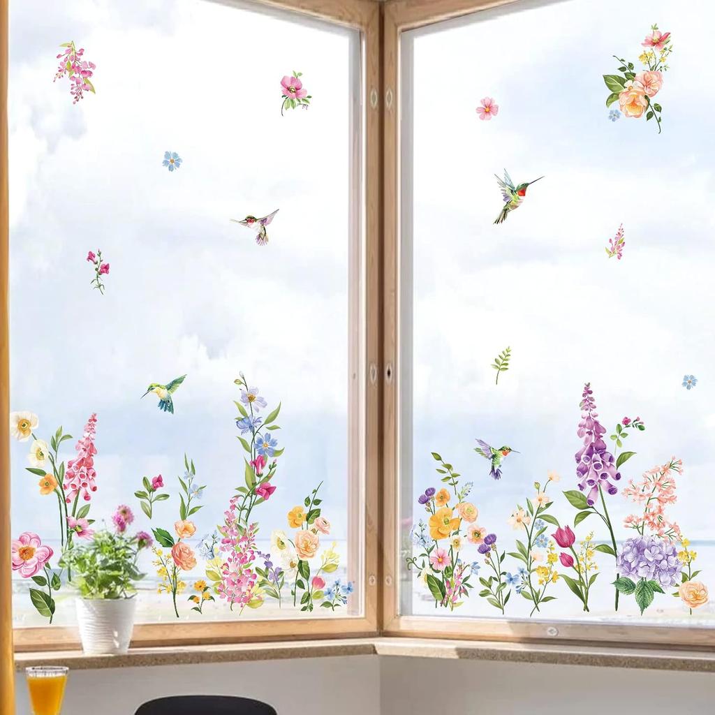 Wondever Summer Flower Window Clings Iris Floral Bird Glass Sticker Decal Anti Collision Double-Side Static Window Decals for Home Glass