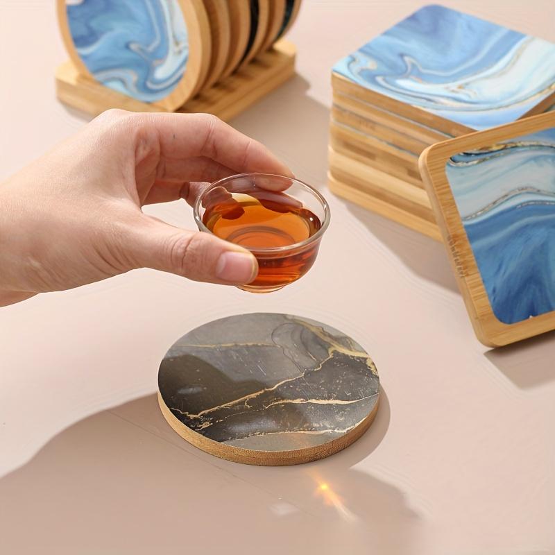 Untersetzer-Set (1 Stück) – Bambus Wasserfest, 6-Loch Basis + 2 Welle/2 Türkis/2 Marmor Runde Untersetzer, Schlichtes Elegantes Design