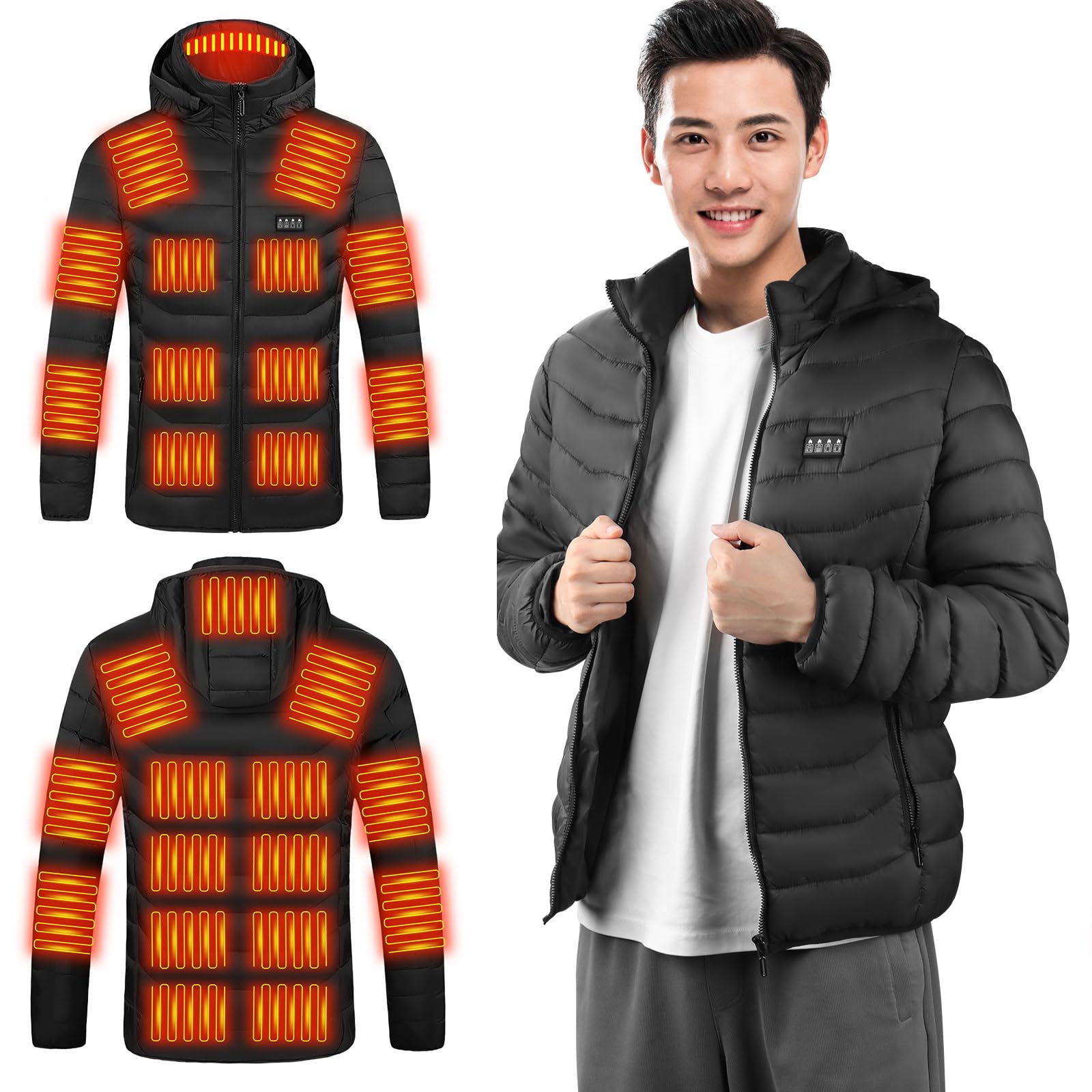 

TeamSky Электрическая куртка с подогревом, длинная, 23 зоны нагрева, USB, 3 температурных режима, теплая, зимняя рабочая одежда, мужская, рукава, капюшон, точки нагрева, питание от USB, настройки, ветрозащитная,