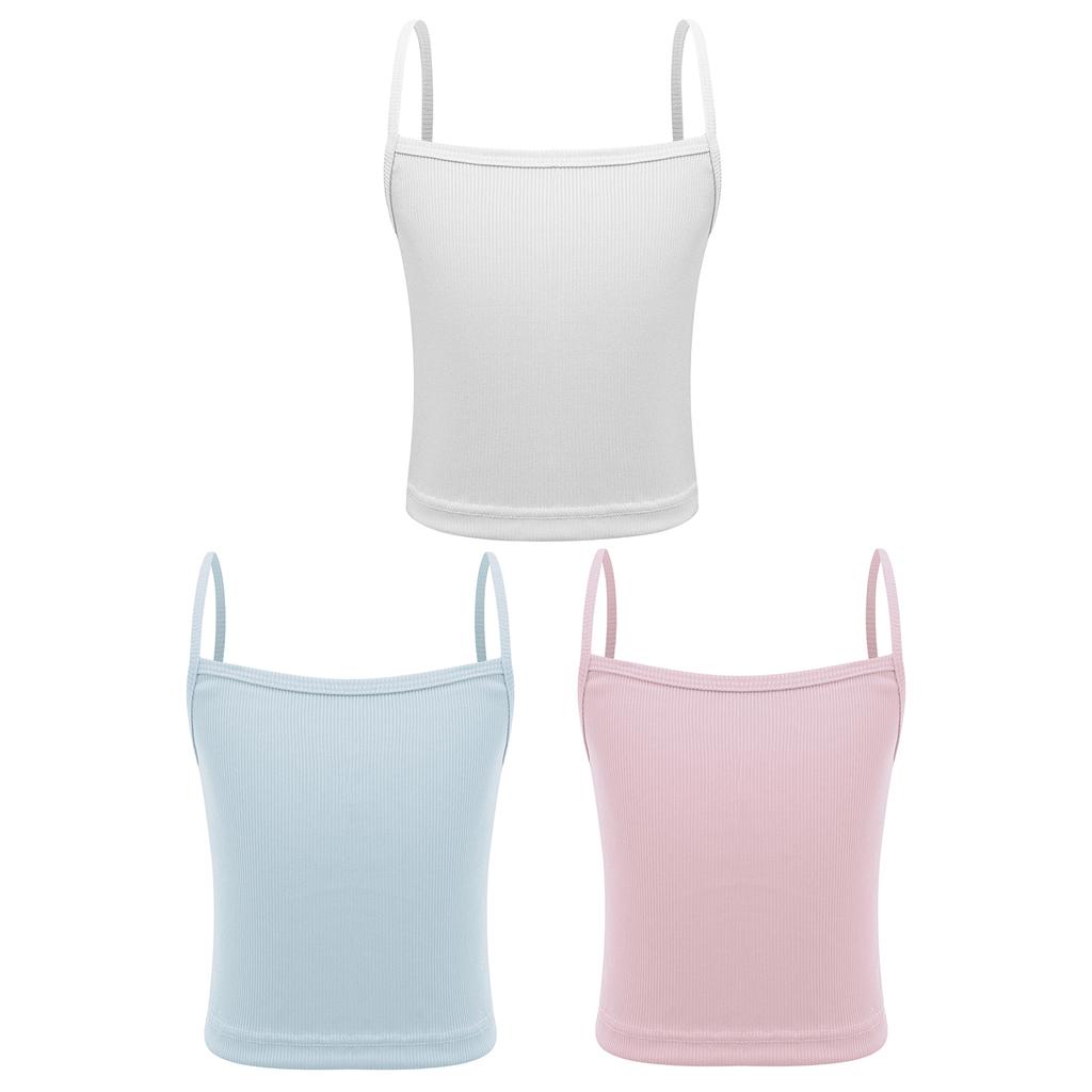 Set da 3 pezzi per bambine: canottiera a costine, top corto senza maniche con spalline sottili, tinta unita, per sport e allenamento di danza
