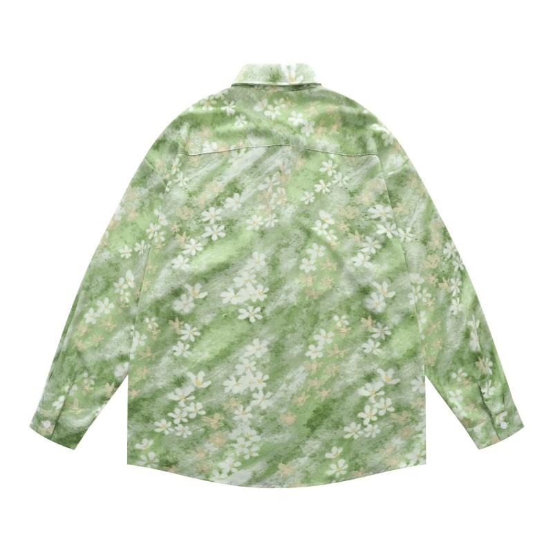 American Vintage Long Sleeve Shirt Green White Floral Print Loose Fit Casual Button Up Top Men Women