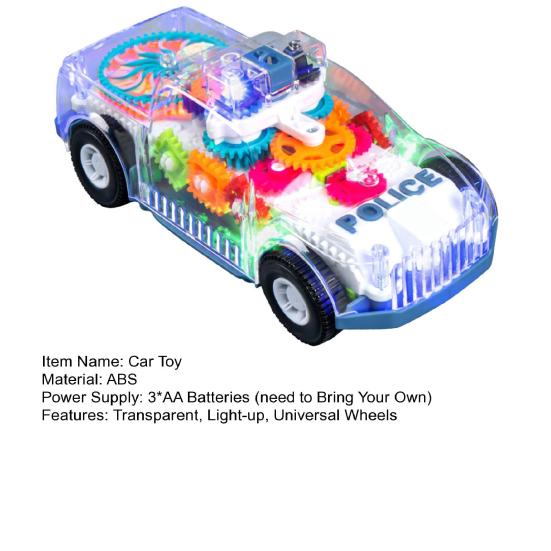 Light Up Toy Car with Universal Wheels Transparent Car Model with Colorful LED Lights Spinning Gears Music Mini Car Sensory Toys for Boys 3+