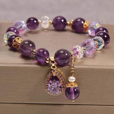 Amethyst Crystal Bead Bracelet with Zircon Heart Pendant - Women's Natural Crystal Gemstone Jewelry