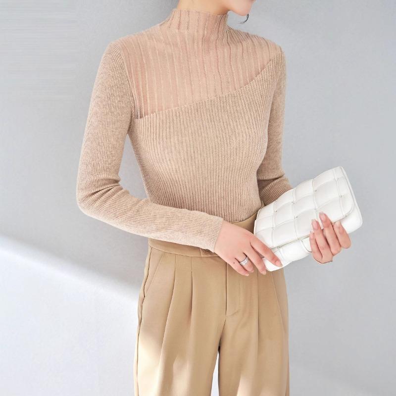 Semi-turtleneck Lace Mesh Splicing Bottoming Shirt Women's Autumn New Slim-fitting Inner Micro-transparent Silk Wool Knitted Sweater