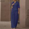 ZANZEA Women Short Sleeve Blouse and Pants Casual Two Piece Suit Sets