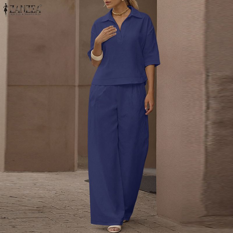 ZANZEA Women Short Sleeve Blouse and Pants Casual Two Piece Suit Sets