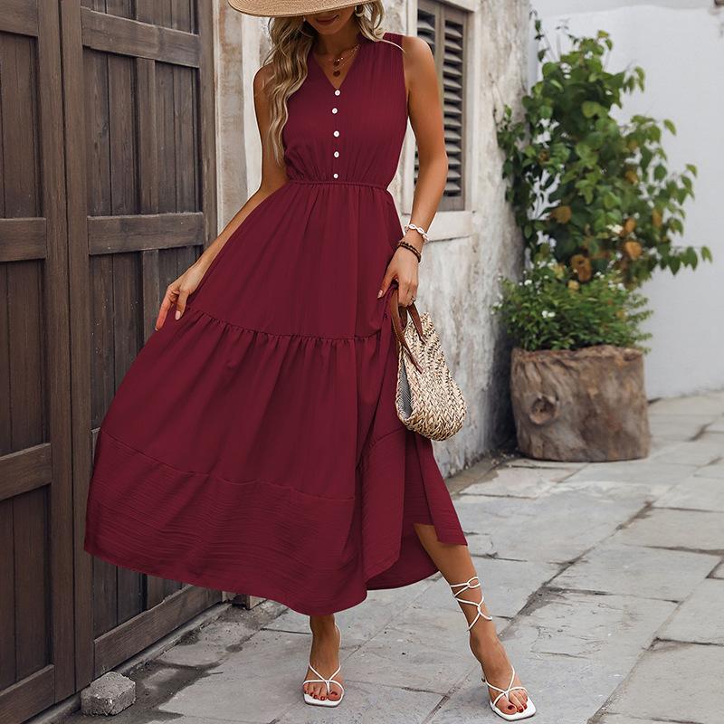V-Neck Summer A-Word Skirt European And American Women'S Clothing Solid Color Sleeveless Stand-Up Collar Dress