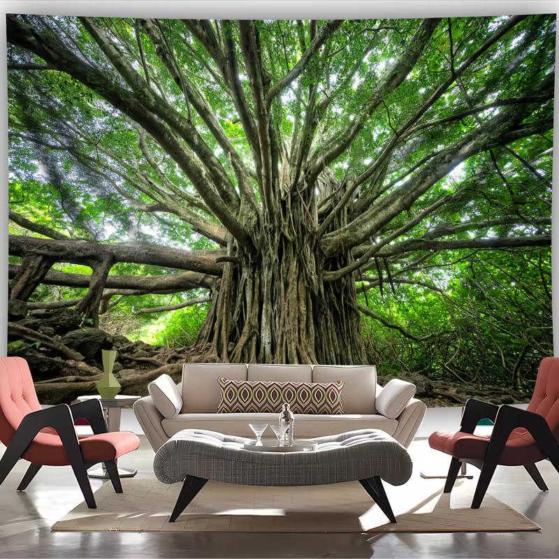 Enchanted Forest Banyan Tapestry, Massive Ancient Tree with Sprawling Branches and Dense Green Foliage, Calming Nature Wall Art