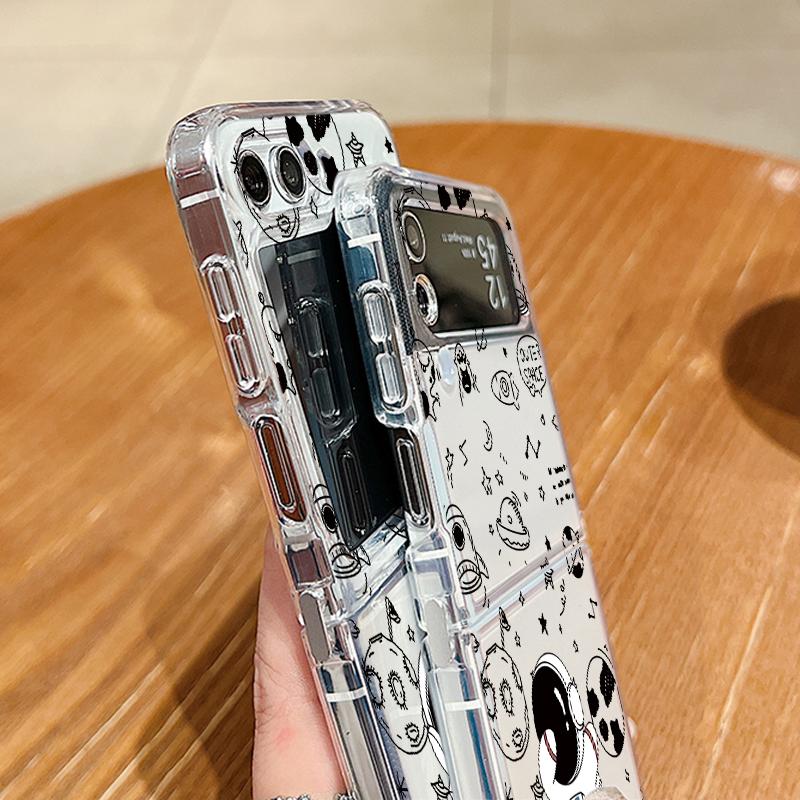 2pcs Astronaut Pattern Folding Shell For Samsung Galaxy Z Flip6 Flip5 Flip4 Flip3 Planet Clear Shockproof Slim Phone Case Cover