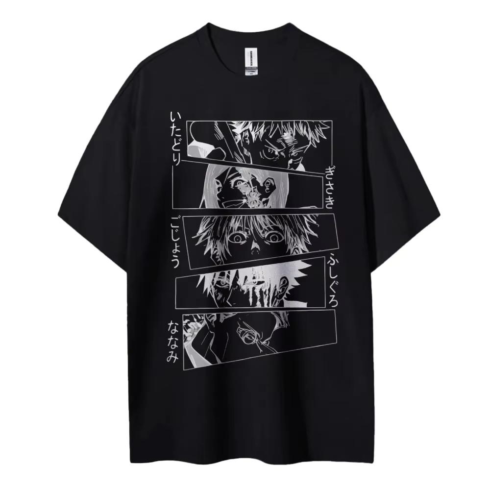 Anime Characters Collage Print Cotton T Shirt 2026 Summer Unisexs Casual Streetwear Loose Fit Japanese Style Black and White