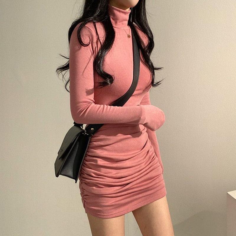 Sexy High Waist Bandage Dresses for Women Thicken Slim Elastic Turtleneck Dress Woman Solid Color Long Sleeve Inner Wear Dresses
