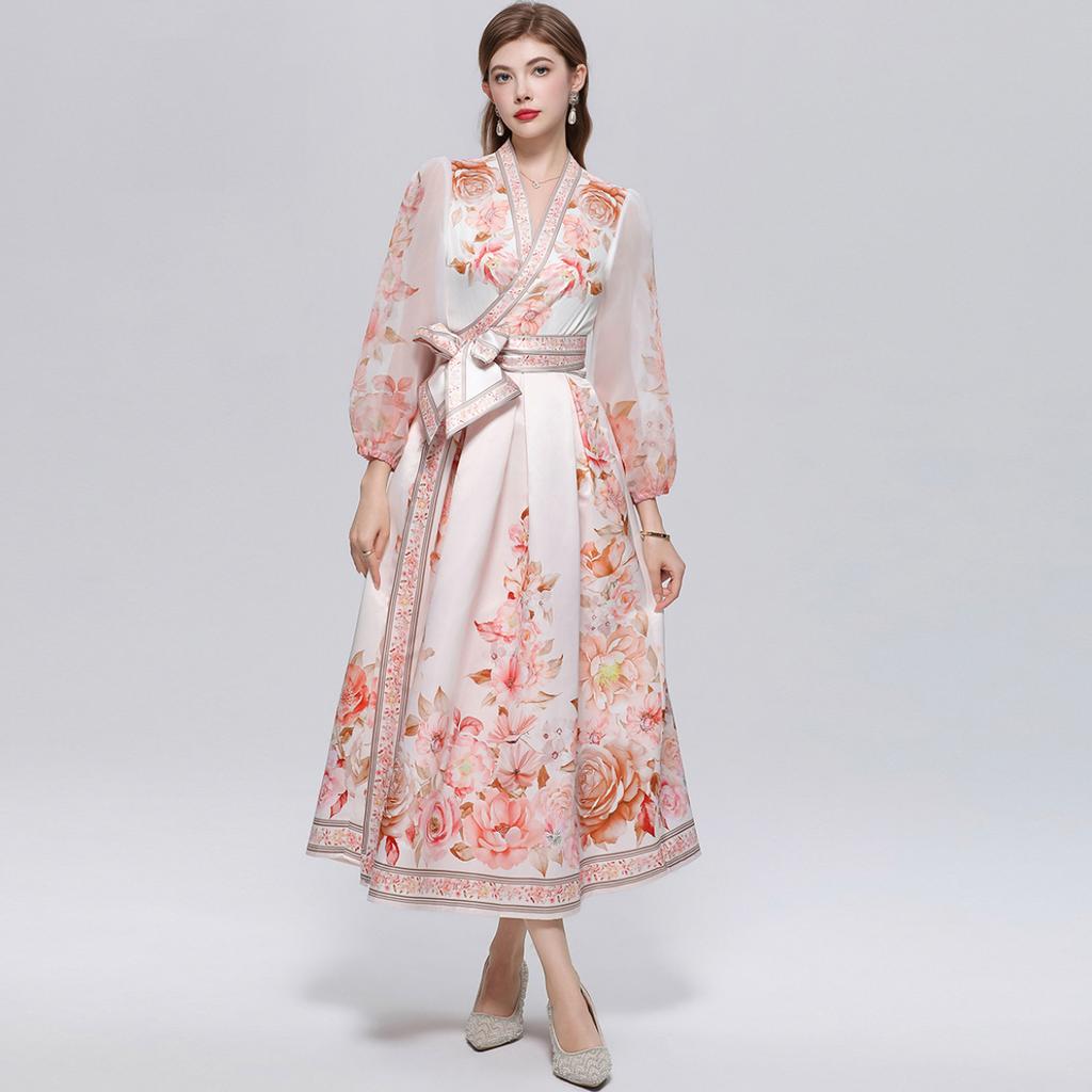 Wunderschönes Blumenwickel-Langarmkleid Damen V-Ausschnitt Laternenärmel Chiffon-Patchwork Dickes Satin-Band-Schnürgürtel Partykleid