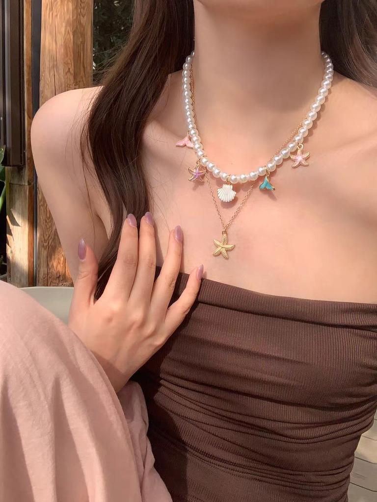 Jewelry Beaded Shell Starfish Pendant Necklace Vintage Imitation Necklace Clavicle Chain Accessories